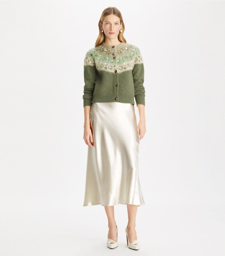 Tory Burch designer maglioni Cardigan decorato in lana in Gray / Shadow Green Melange parte anteriore su modella