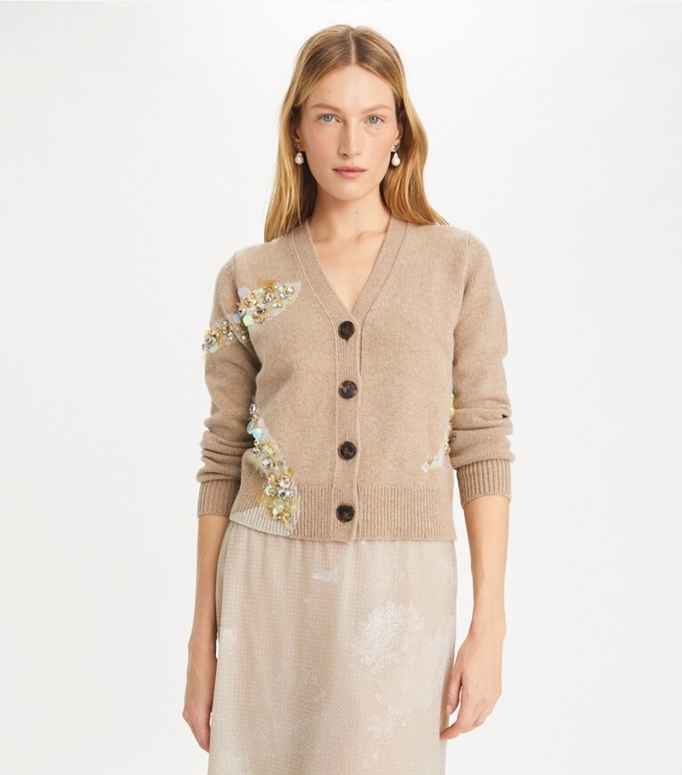 Tory Burch designer maglioni Cardigan decorato Snake in Oatmeal Melange front