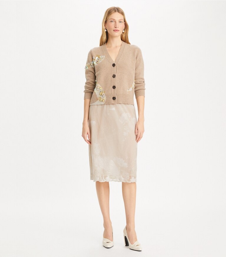 Tory Burch designer maglioni Cardigan decorato Snake in Oatmeal Melange front