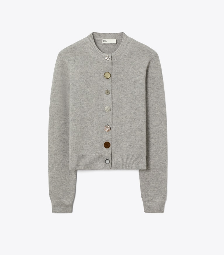 Tory Burch designer sweaters Cardigan en cachemire à boutons variés dans Smoky Gray Melange de face