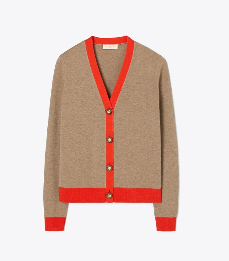 Tory Burch designer sweaters Cardigan en cachemire color-block dans RICH TAUPE / BRILLIANT RED de face