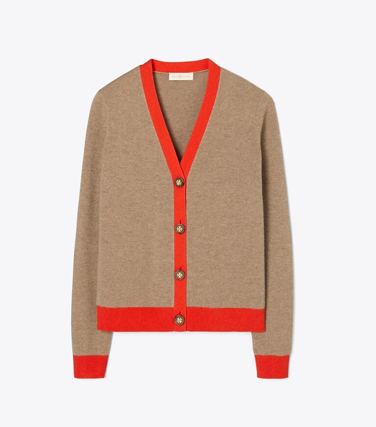 Tory Burch designer sweaters Cardigan en cachemire color-block dans RICH TAUPE / BRILLIANT RED de face