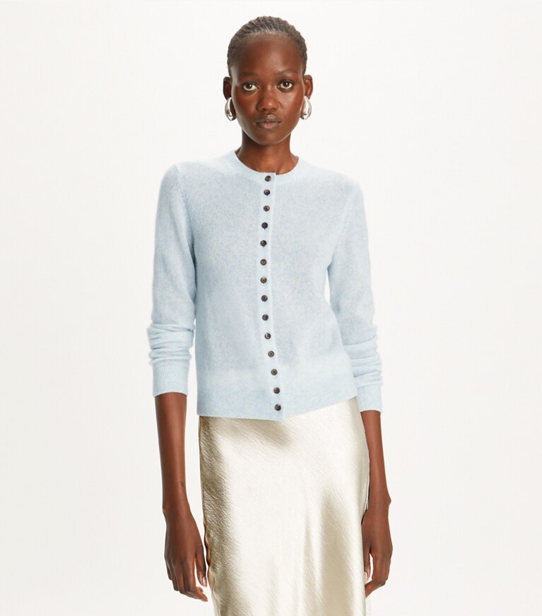 Tory Burch designer sweaters Cardigan en cachemire et soie in Soft Dewdrop front