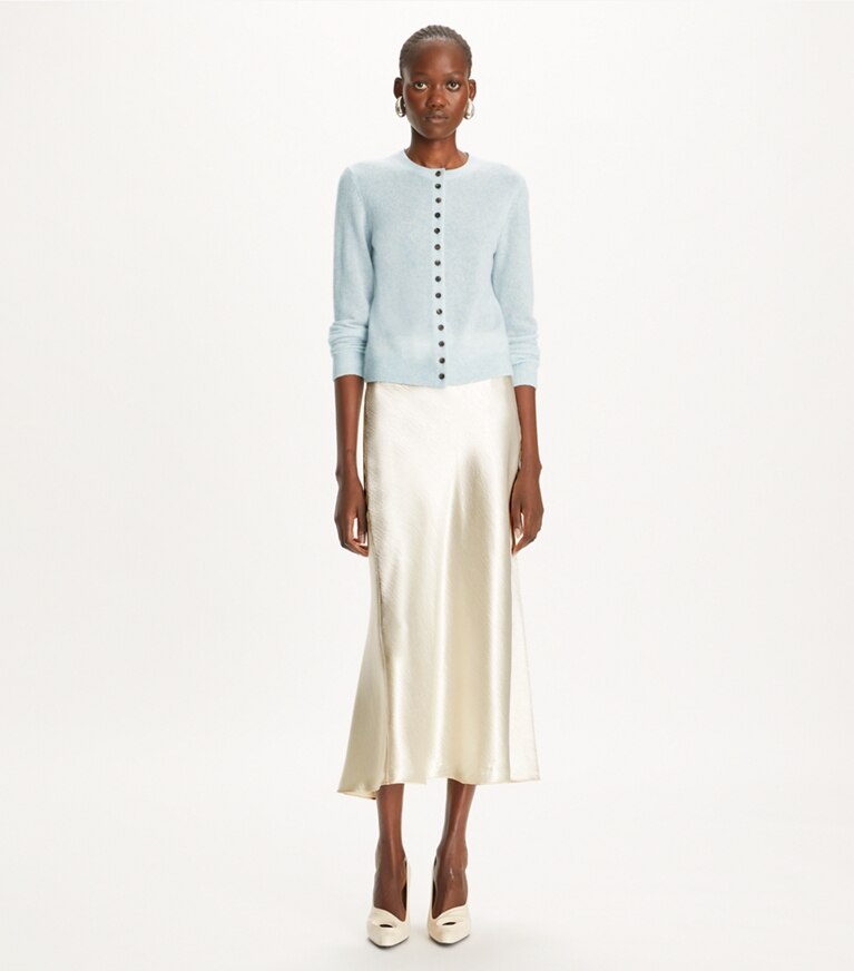 Tory Burch designer sweaters Cardigan en cachemire et soie in Soft Dewdrop front