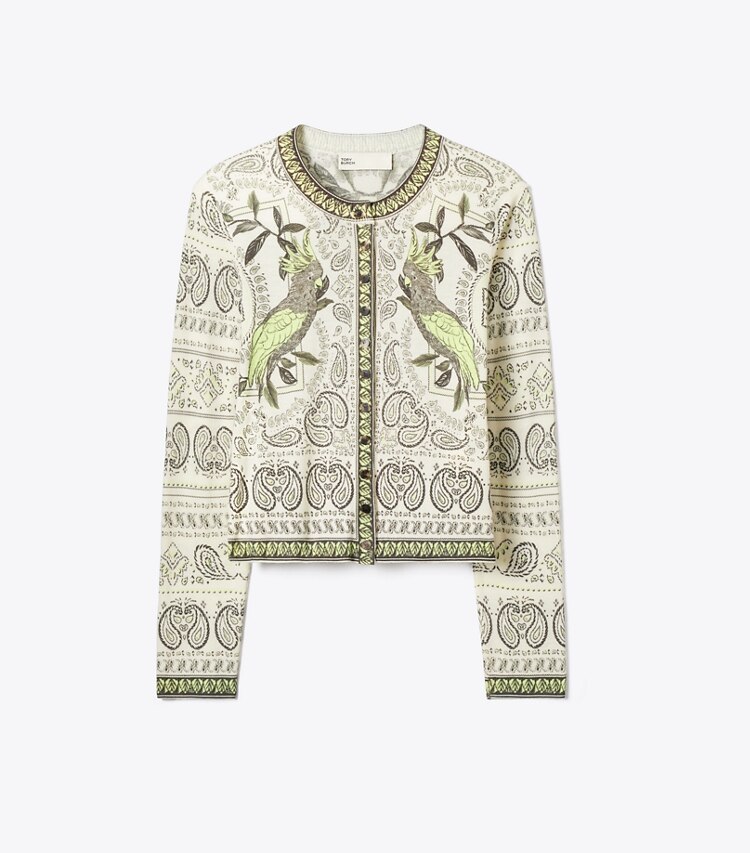 Tory Burch designer sweaters Cardigan en cachemire imprimé dans Light Ivory / Mint Cockatoo de face