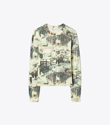 Tory Burch designer sweaters Cardigan en coton texturé imprimé dans Yellow Forest de face