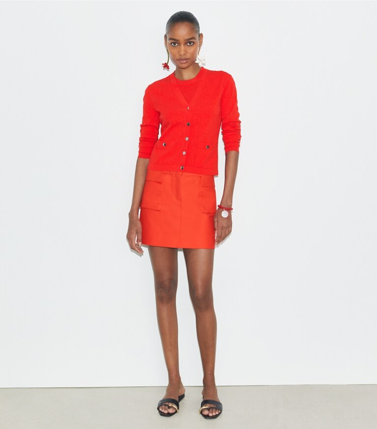 Tory Burch designer sweaters Cardigan en jacquard T Monogram in Blazing Red front