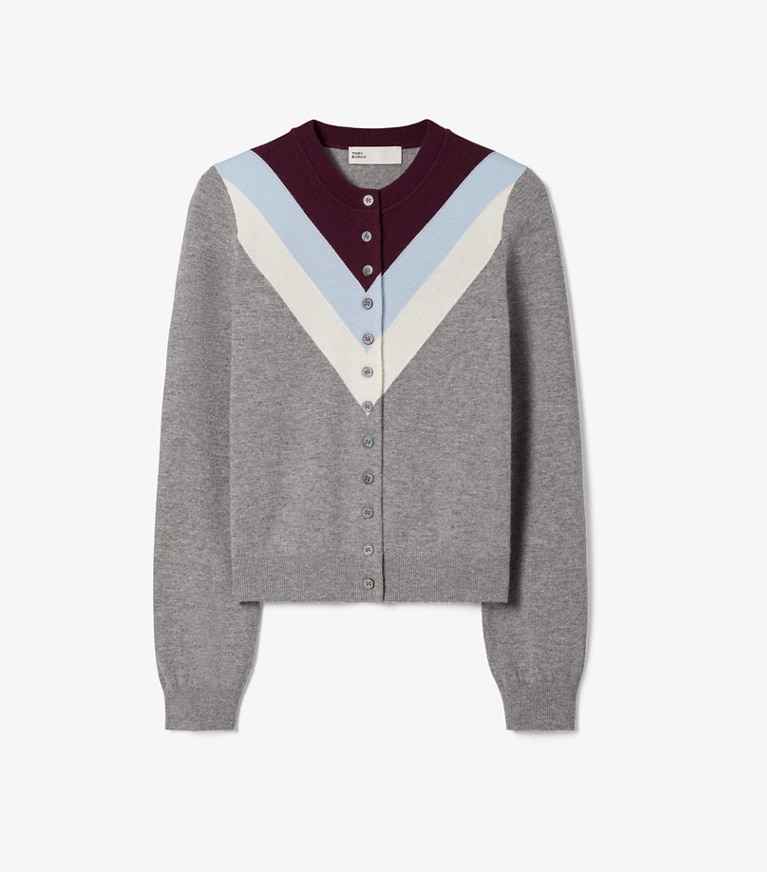 Tory Burch designer sweaters Cardigan en laine à chevrons in Light Gray front