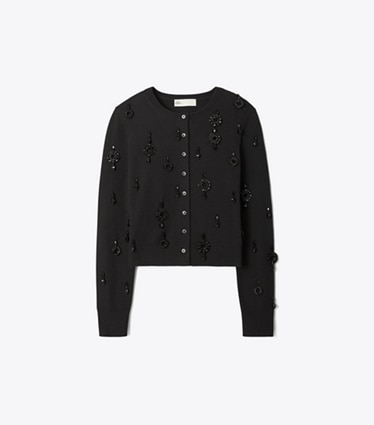 Tory Burch designer sweaters Cardigan en laine à ornements in Black front