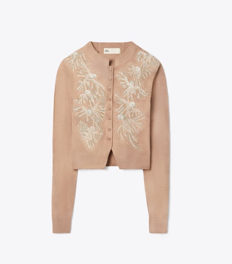 Tory Burch designer sweaters Cardigan en laine à ornements in Taupe front