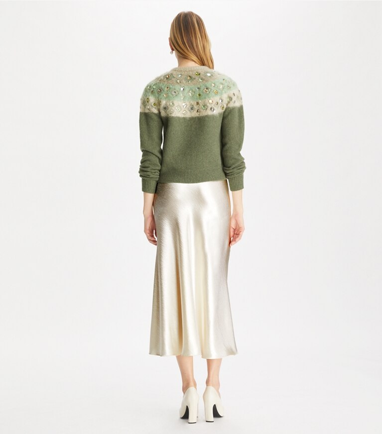 Tory Burch designer sweaters Cardigan en laine à ornements in Gray / Shadow Green Melange front