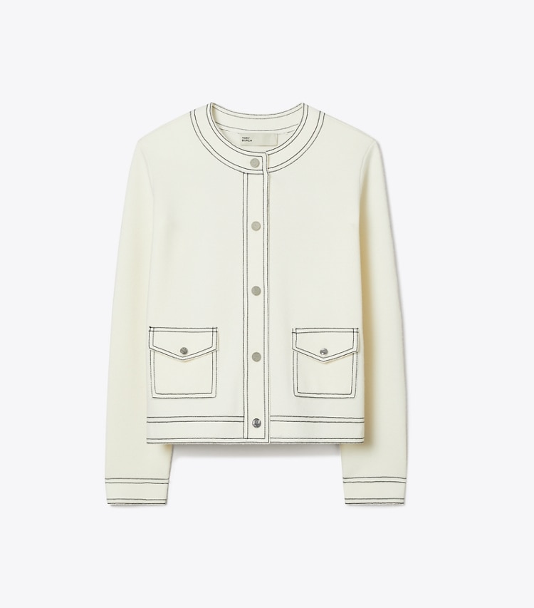 Tory Burch designer sweaters Cardigan en laine à surpiqûres dans New Ivory de face