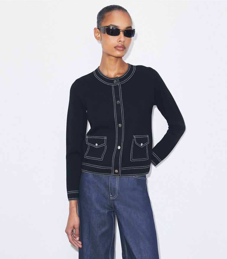 Tory Burch designer sweaters Cardigan en laine à surpiqûres dans Black détail sur modèle