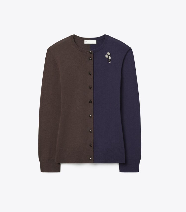 Tory Burch designer sweaters Cardigan en laine color-block in Dark Brown / Deep Blue front