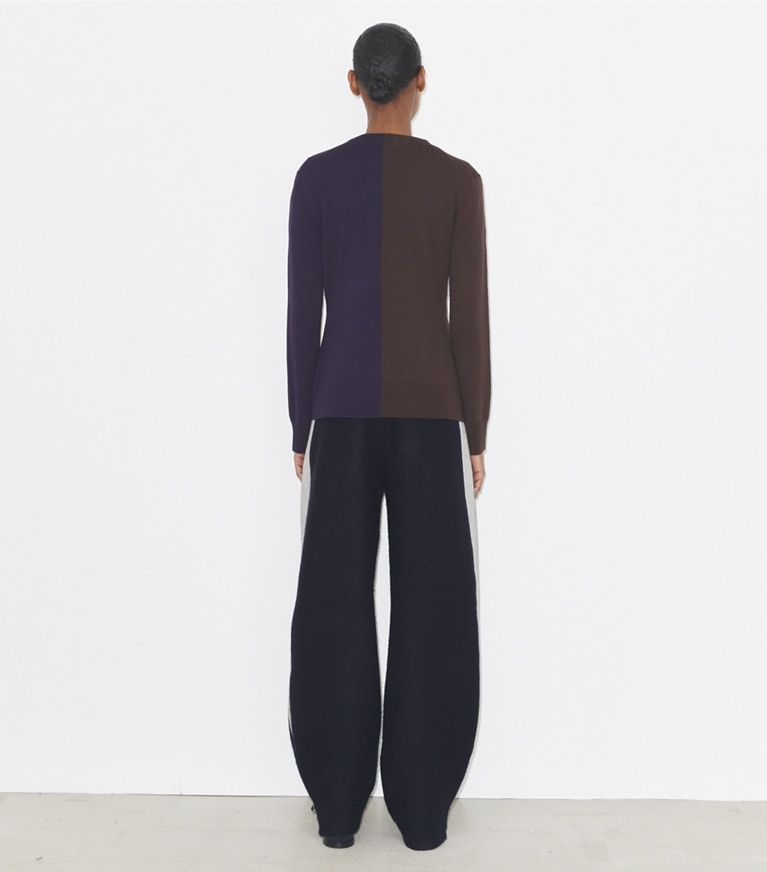 Tory Burch designer sweaters Cardigan en laine color-block in Dark Brown / Deep Blue front