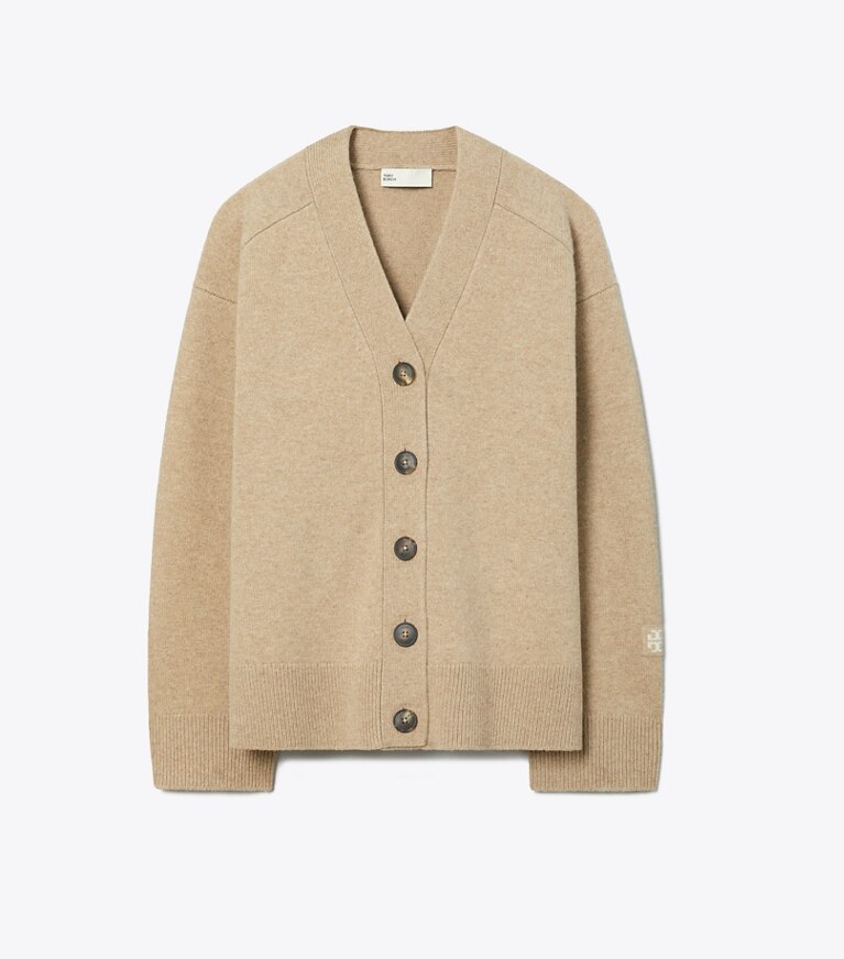Tory Burch designer sweaters Cardigan en laine in Oatmeal Melange front