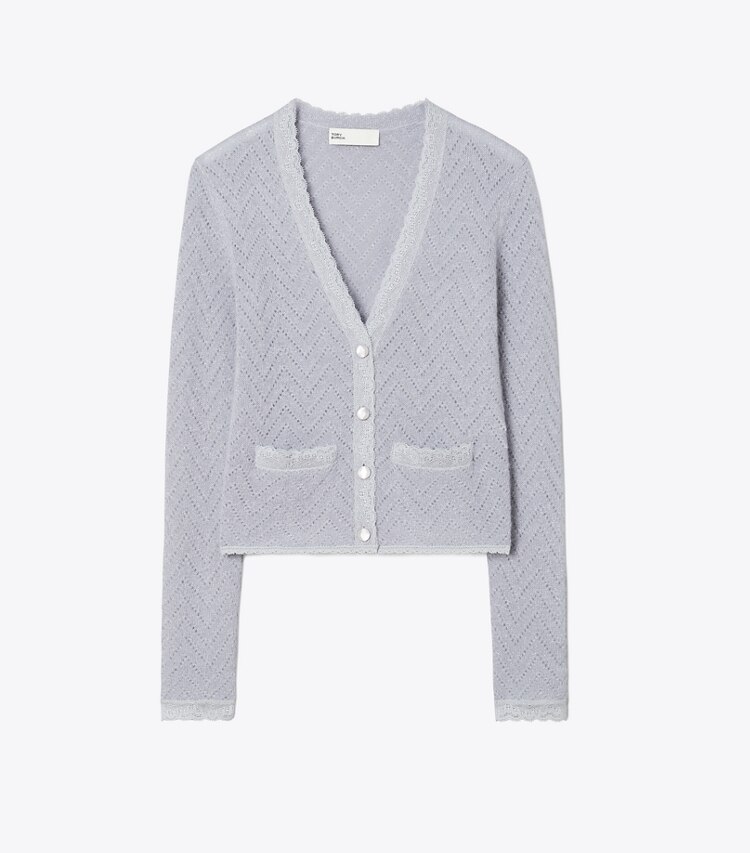 Tory Burch designer sweaters Cardigan en laine dans Platinum / Metallic Blue de face