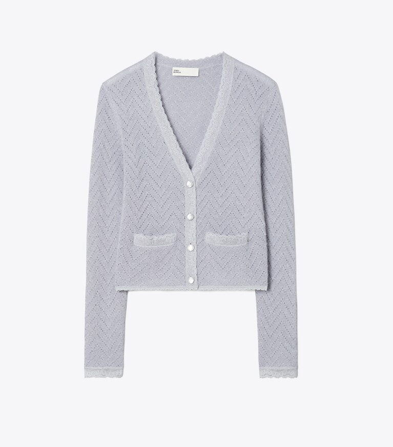 Tory Burch designer sweaters Cardigan en laine dans Platinum / Metallic Blue de face