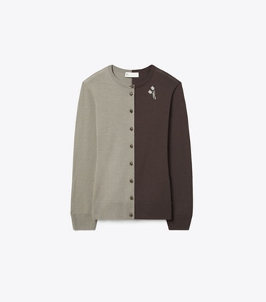 Tory Burch designer sweaters Cardigan en laine in Light Gray / Dark Brown front