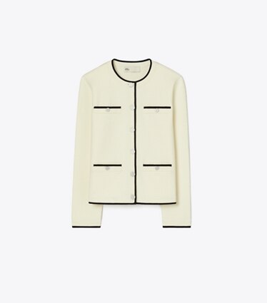 Tory Burch designer sweaters Cardigan en laine Kendra dans NEW IVORY/ BLACK de face