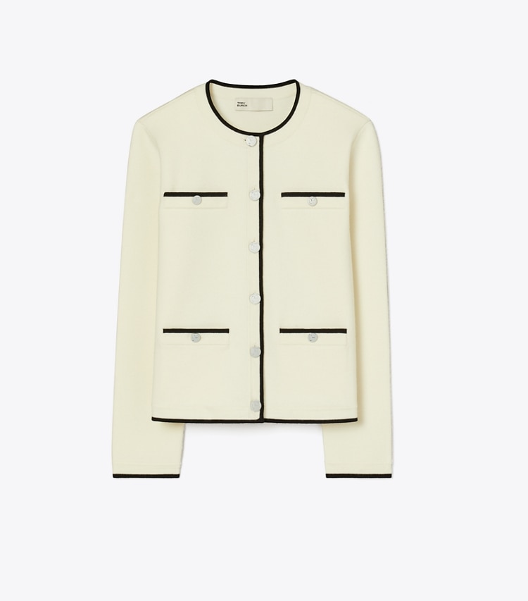 Tory Burch designer sweaters Cardigan en laine Kendra dans NEW IVORY/ BLACK de face