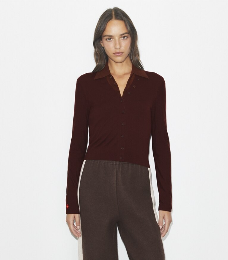 Tory Burch designer sweaters Cardigan en laine in Merlot front