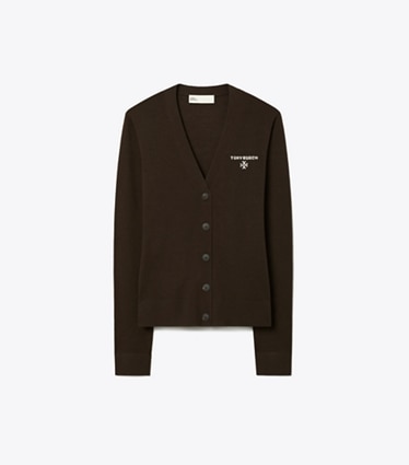Tory Burch designer sweaters Cardigan en laine Simone dans Winter Rich Brown de face