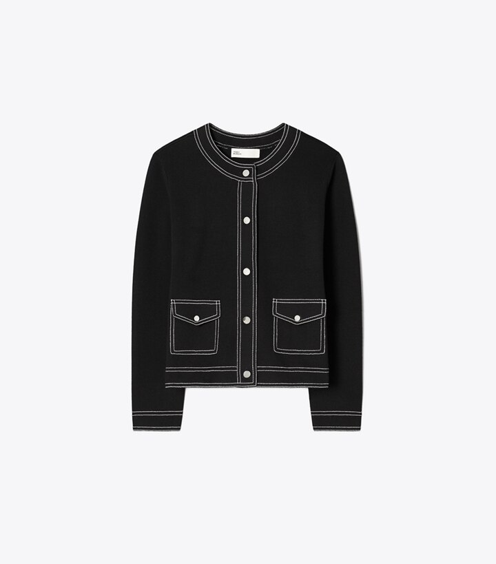 Tory Burch designer sweaters Cardigan en laine surpiqué in Black front