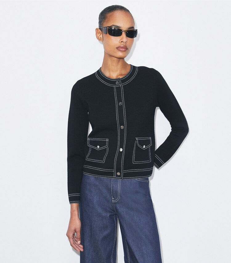 Tory Burch designer sweaters Cardigan en laine surpiqué in Black on model detail