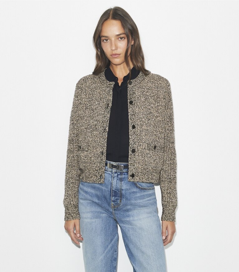 Tory Burch designer sweaters Cardigan en tweed in Black White Multi/ Oatmeal Melange front