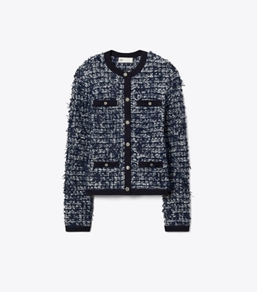 Tory Burch designer sweaters Cardigan en tweed Kendra dans Navy / Ivory de face