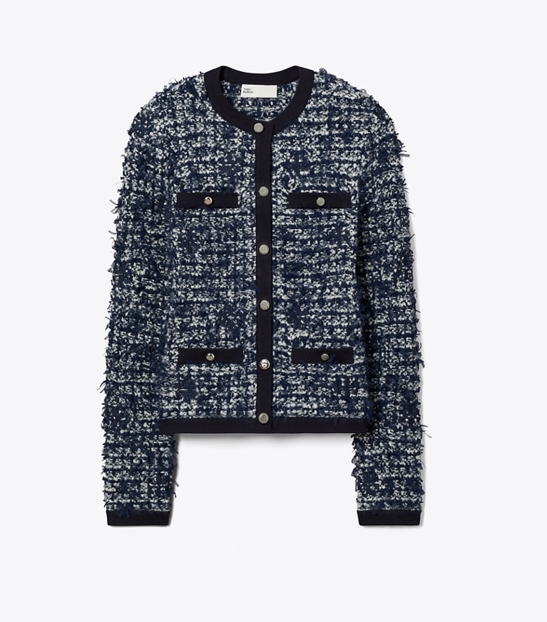 Tory Burch designer sweaters Cardigan en tweed Kendra dans Navy / Ivory de face