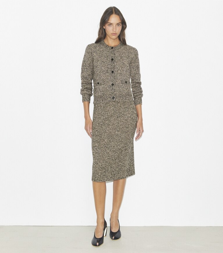 Tory Burch designer sweaters Cardigan en tweed in Black White Multi/ Oatmeal Melange front