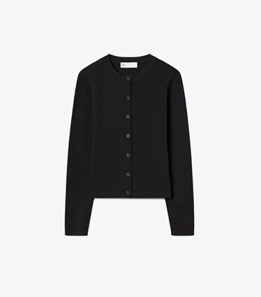 Tory Burch designer sweaters Cardigan en viscose à point pointelle dans Black de face