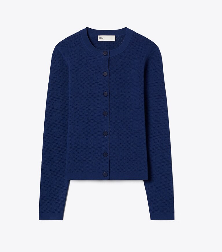 Tory Burch designer sweaters Cardigan en viscose à point pointelle dans Ocean de face
