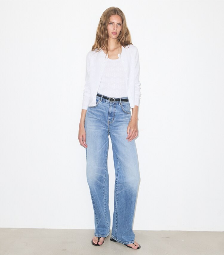 Tory Burch designer sweaters Cardigan en viscose pointelle in White sur mannequin, devant