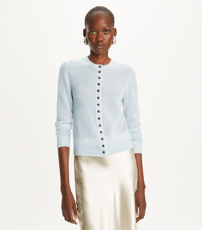 Tory Burch designer maglioni Cardigan in cashmere misto seta in Soft Dewdrop front