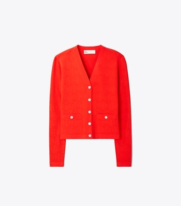 Tory Burch designer maglioni Cardigan in jacquard T Monogram in Blazing Red front