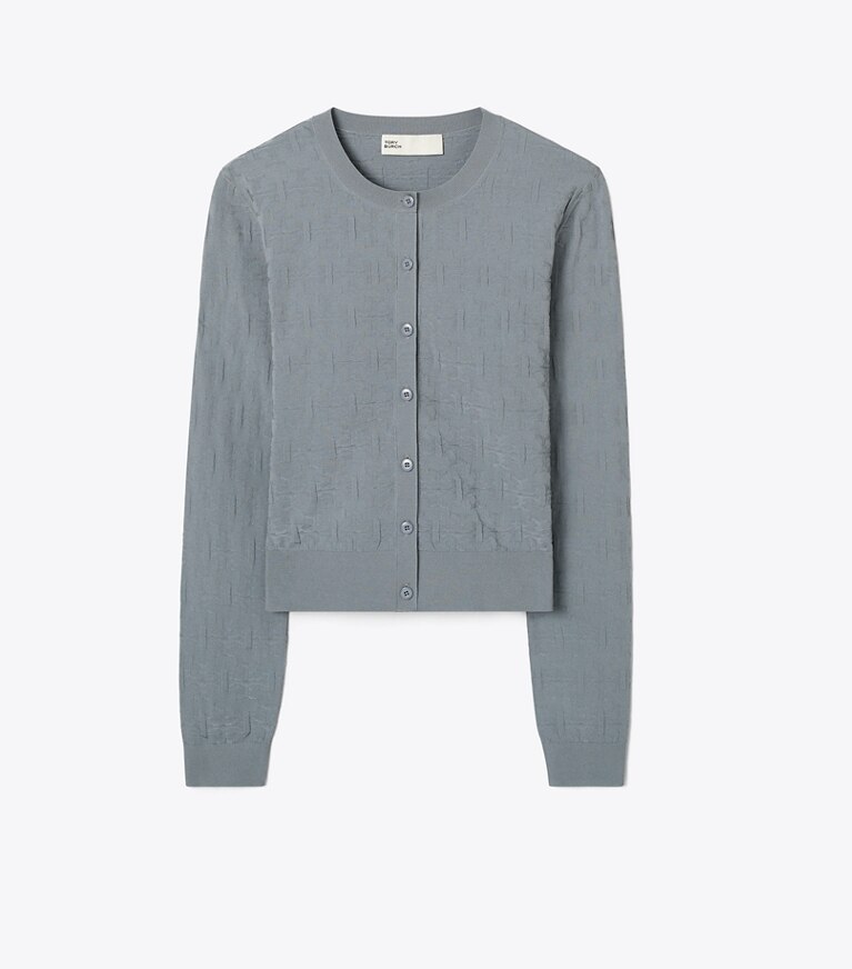 Tory Burch designer maglioni Cardigan in jacquard T Monogram in Icicle Gray front