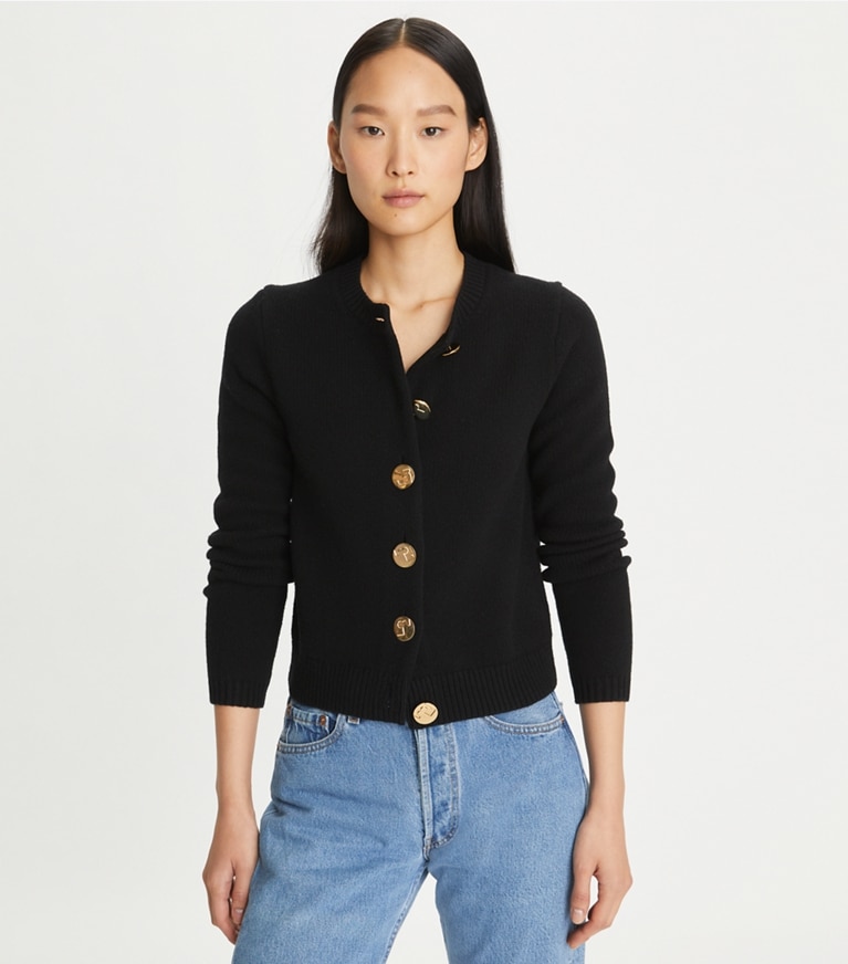 Tory Burch designer maglioni Cardigan in lana con bottoni e logo in Black front