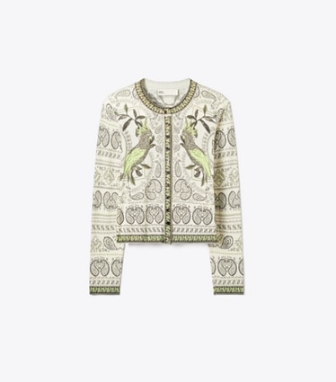 Tory Burch designer maglioni Cardigan in lana con stampa in Light Ivory / Mint Cockatoo front
