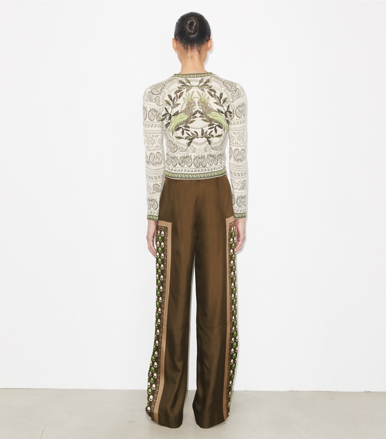 Tory Burch designer maglioni Cardigan in lana con stampa in Light Ivory / Mint Cockatoo on model back