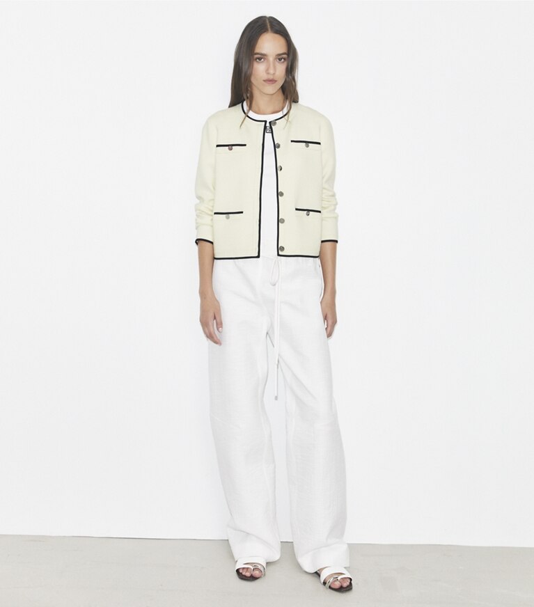 Tory Burch designer maglioni Cardigan in lana Kendra in NEW IVORY/ BLACK front