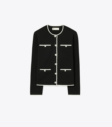 Tory Burch designer maglioni Cardigan in lana Kendra in Black / New Ivory front