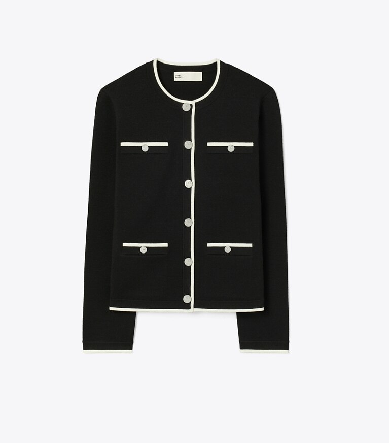 Tory Burch designer maglioni Cardigan in lana Kendra in Black / New Ivory front