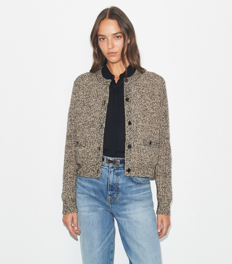 Tory Burch designer maglioni Cardigan in tweed in Black White Multi/ Oatmeal Melange front