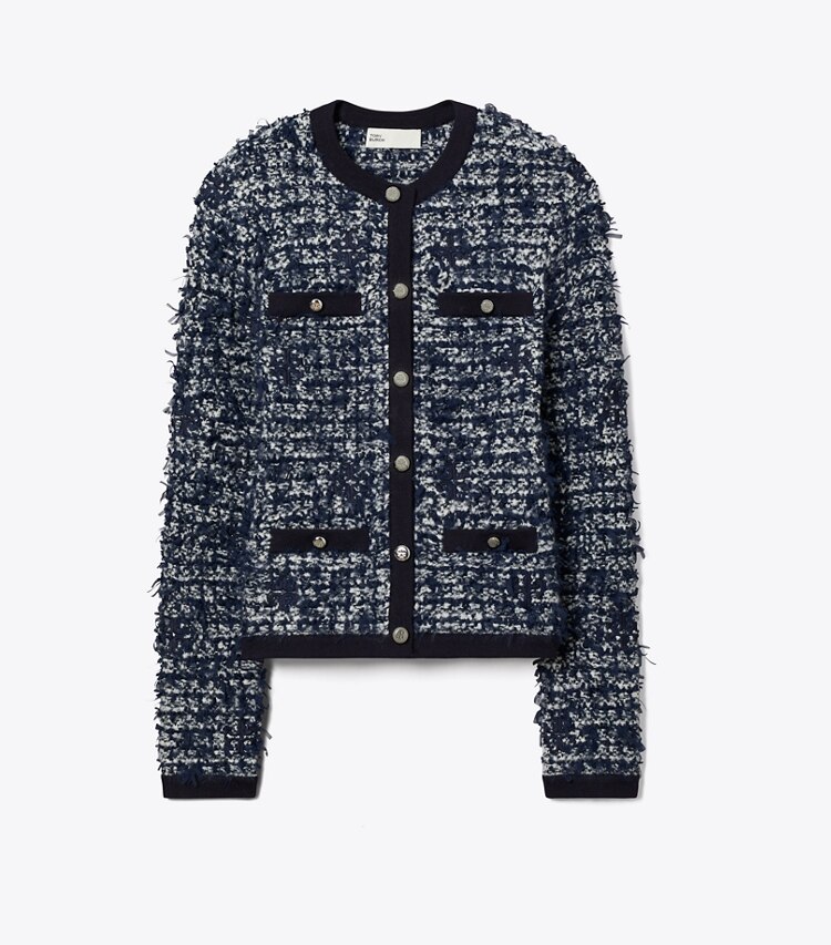 Tory Burch designer maglioni Cardigan in tweed Kendra in Navy / Ivory front