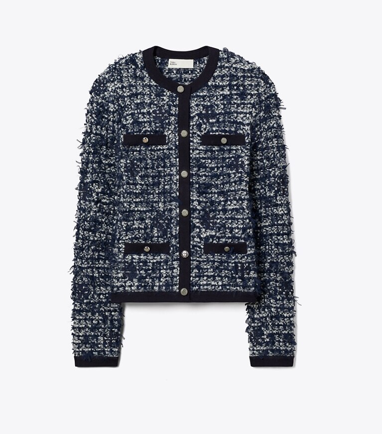 Tory Burch designer maglioni Cardigan in tweed Kendra in Navy / Ivory front