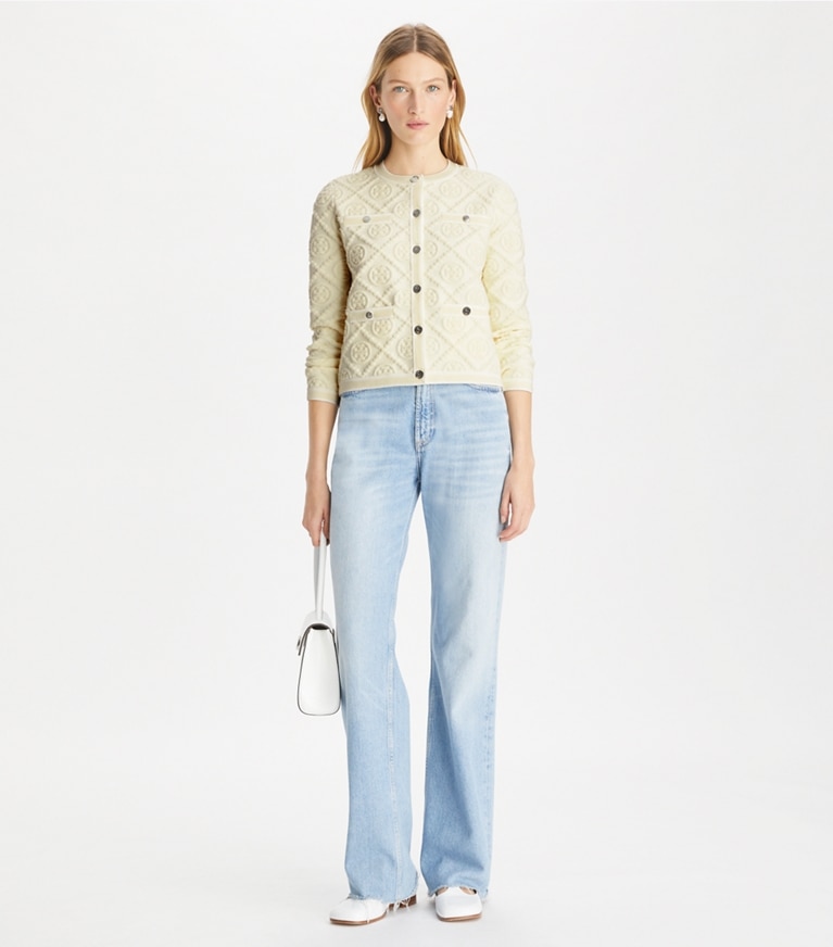 Tory Burch designer sweaters Cardigan Kendra Cashfeel embossé in Light Fresh Ivory T Monogram front