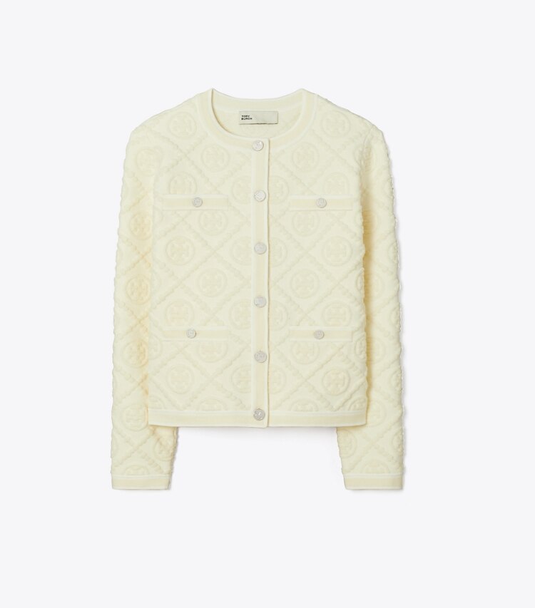 Tory Burch designer sweaters Cardigan Kendra Cashfeel embossé in Light Fresh Ivory T Monogram front
